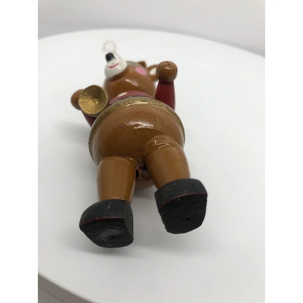Vintage Christmas Wooden Teddy Bear Toy Ornament With‎ Horn Musical 4.25